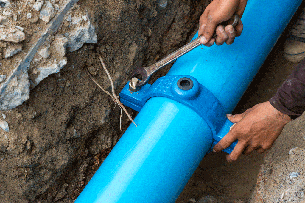 man-using-wrench-to-tighten-screw-on-pipe-sewer-line-repair-replacement-dallas-tx-plano-tx-frisco-tx