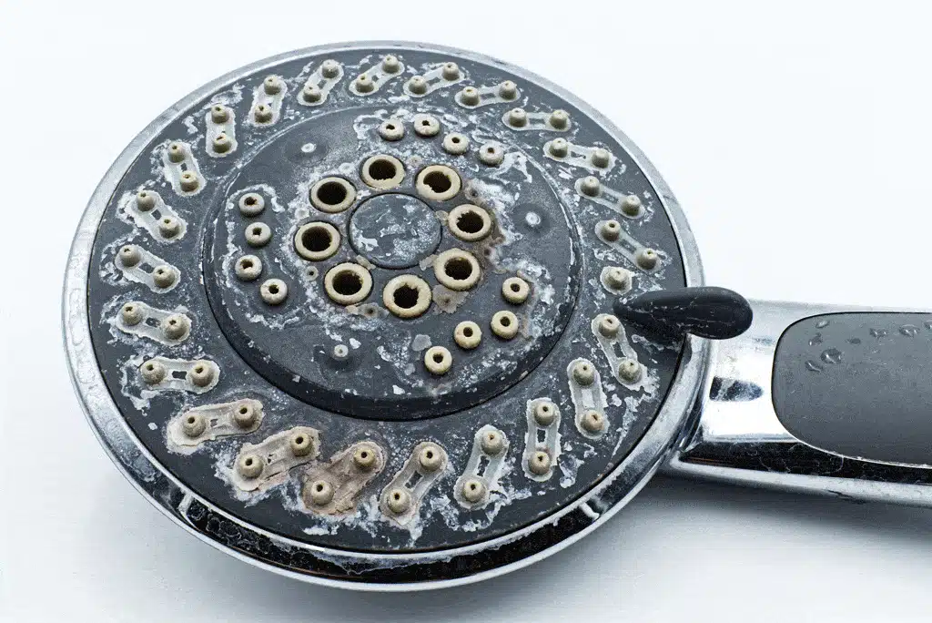 shower-head-with-hard-water-deposits-on-it-water-softener-installation-plano-tx-frisco-tx-dallas-tx